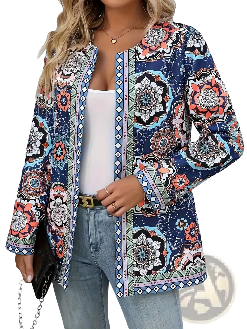 A vibrant navy blue mandala print open front long sleeve jacket with coral white black and teal floral geometric patterns