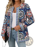 A vibrant navy blue mandala print open front long sleeve jacket with coral white black and teal floral geometric patterns