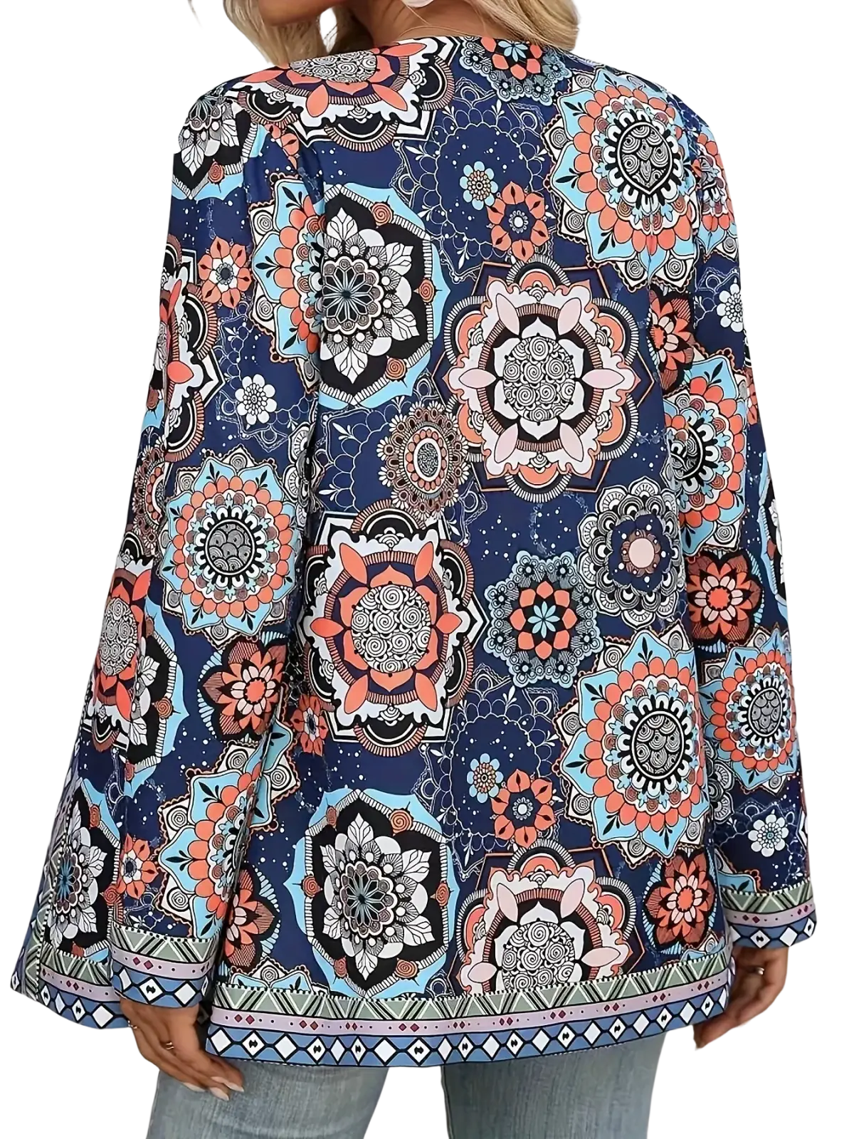 A navy blue mandala print open front long sleeve jacket with vibrant coral white and light blue intricate patterns