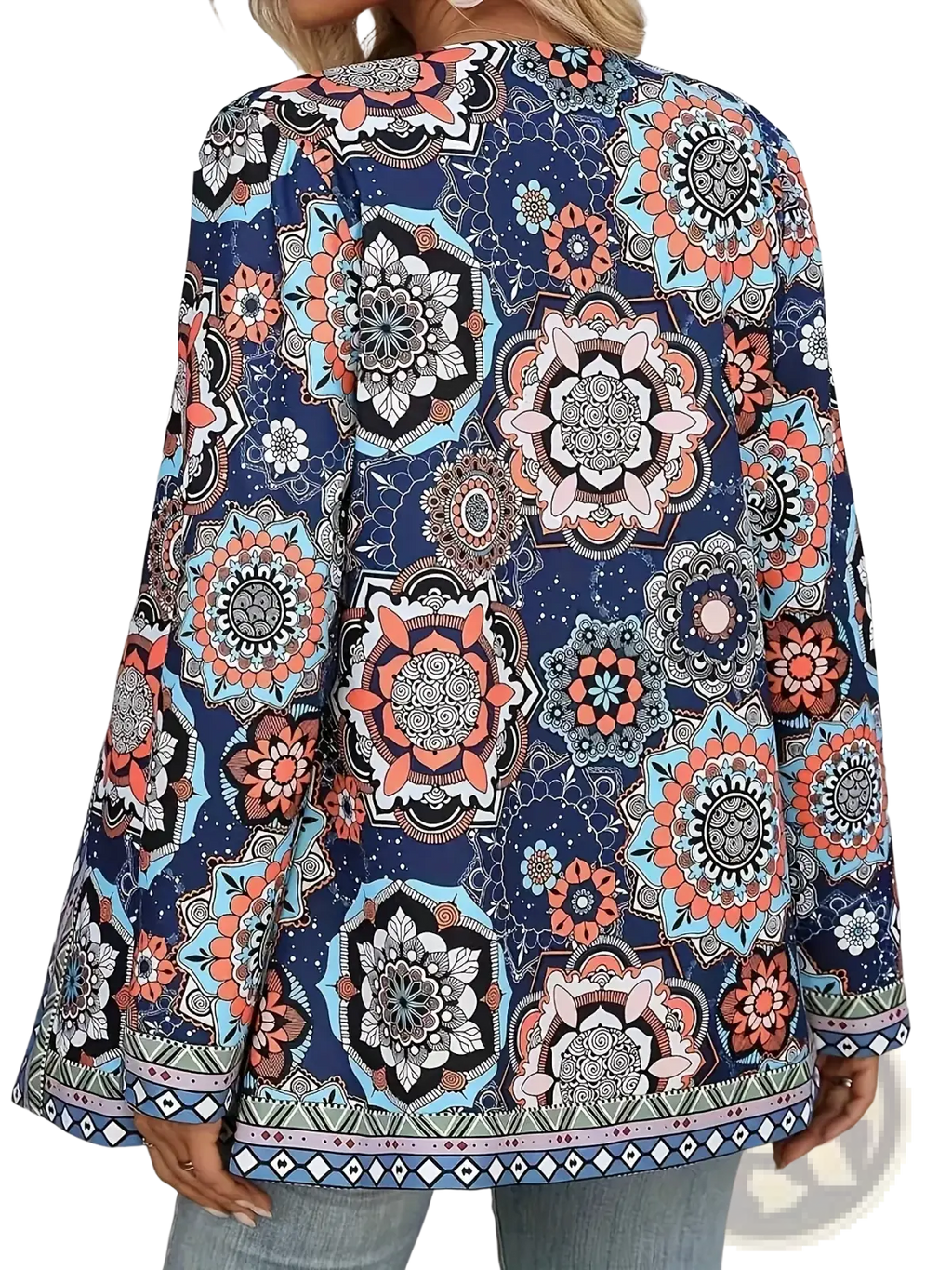 A navy blue mandala print open front long sleeve jacket with vibrant coral white and light blue intricate patterns
