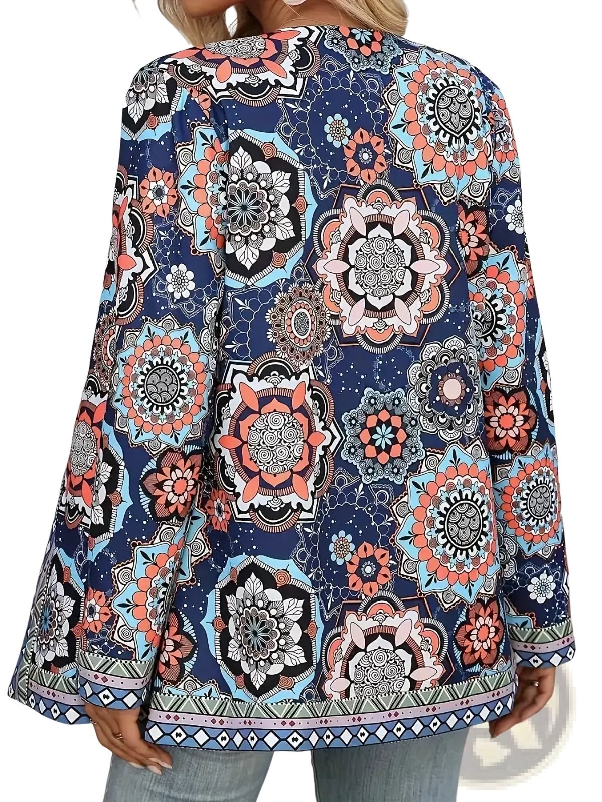 A navy blue mandala print open front long sleeve jacket with vibrant coral white and light blue intricate patterns