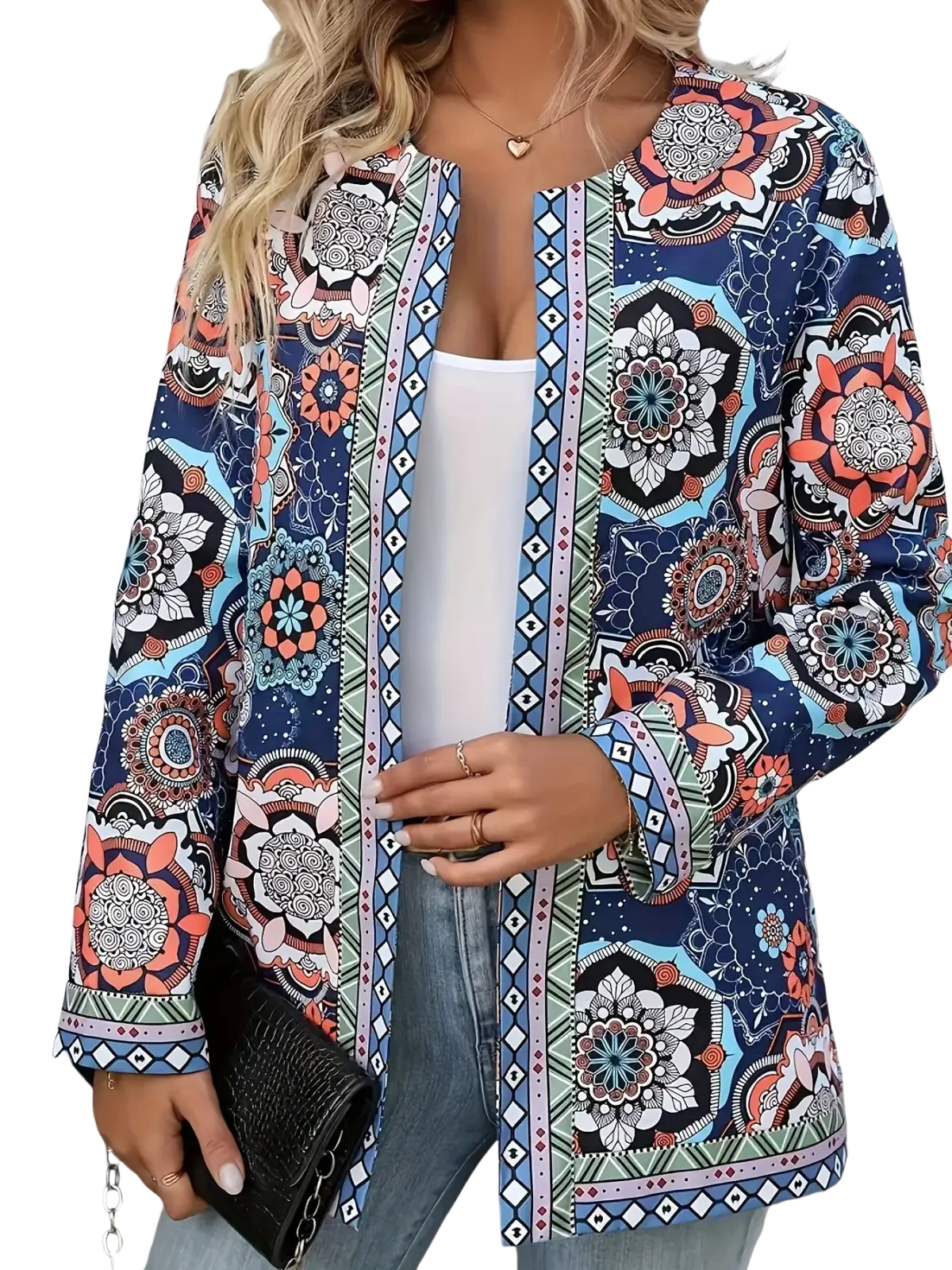 Mandala print open front long sleeve jacket featuring vibrant blue orange and white colors with intricate geometric trim