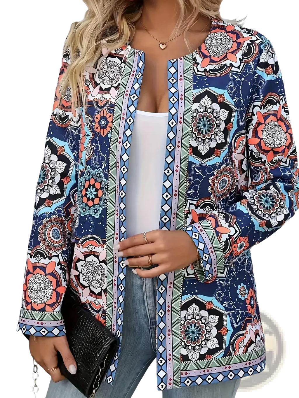 Mandala print open front long sleeve jacket featuring vibrant blue orange and white colors with intricate geometric trim