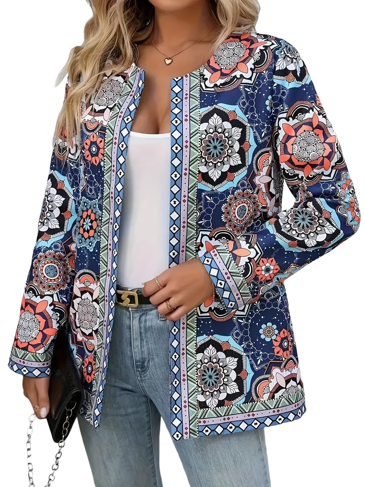 A vibrant navy blue mandala print open front long sleeve jacket with coral white black and teal floral geometric patterns