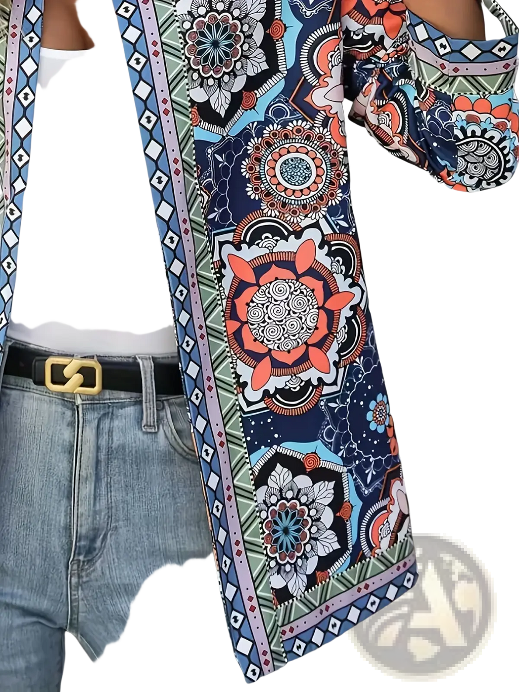Mandala print open front long sleeve jacket featuring vibrant patchwork mandala patterns in navy coral and teal cotton blend fabric