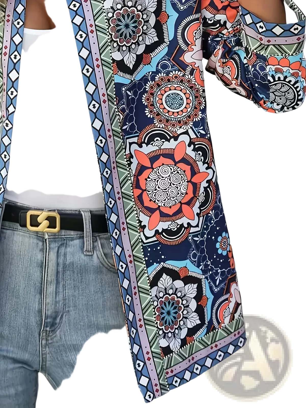 Mandala print open front long sleeve jacket featuring vibrant patchwork mandala patterns in navy coral and teal cotton blend fabric