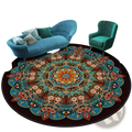 Vibrant mandala round rug with teal orange and gold geometric design made of polyester for decorative use