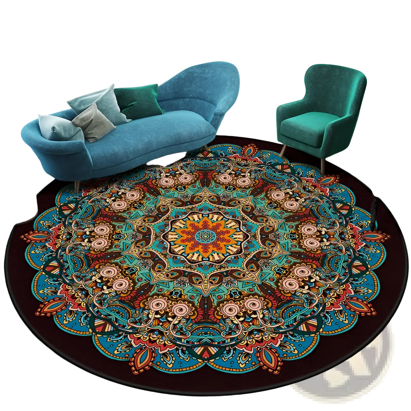 Vibrant mandala round rug with teal orange and gold geometric design made of polyester for decorative use