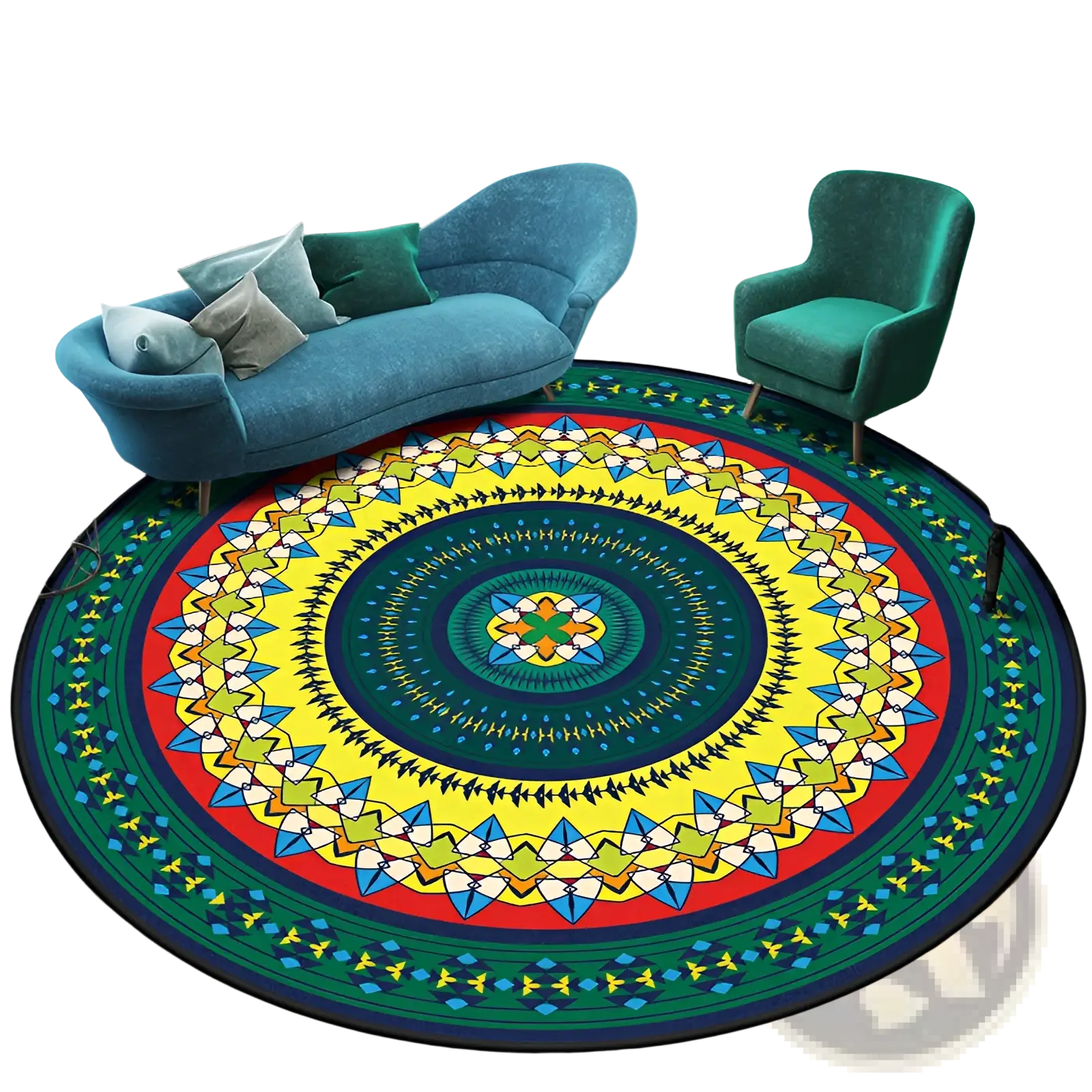 Vibrant mandala round rug with intricate geometric design in red yellow green and blue polyester carpet