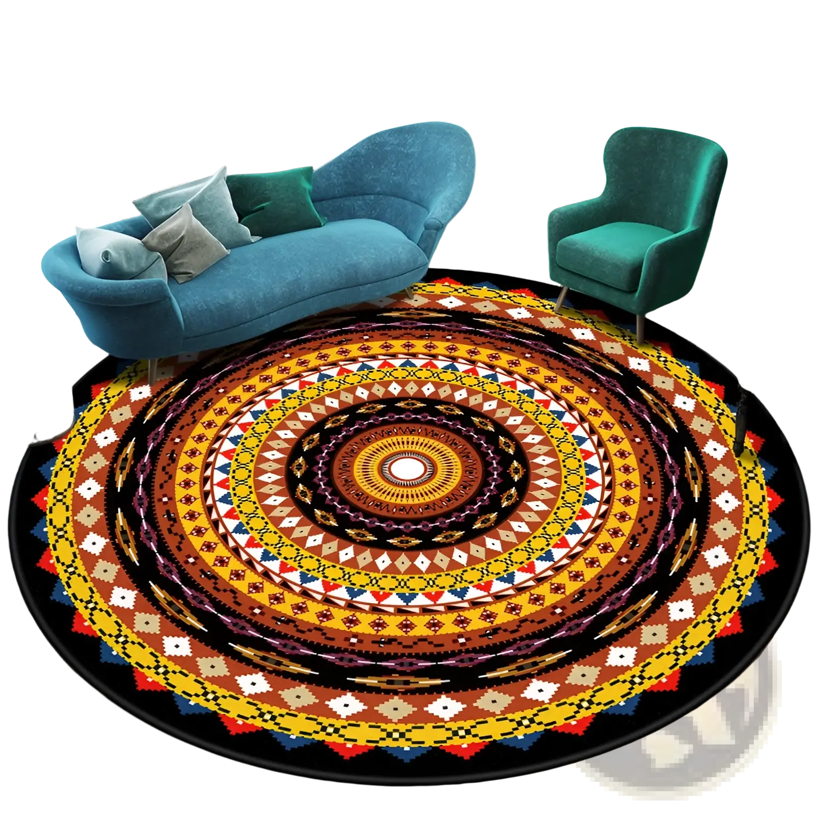 Mandala round rug with vibrant geometric mandala patterns in orange yellow red and black polyester carpet