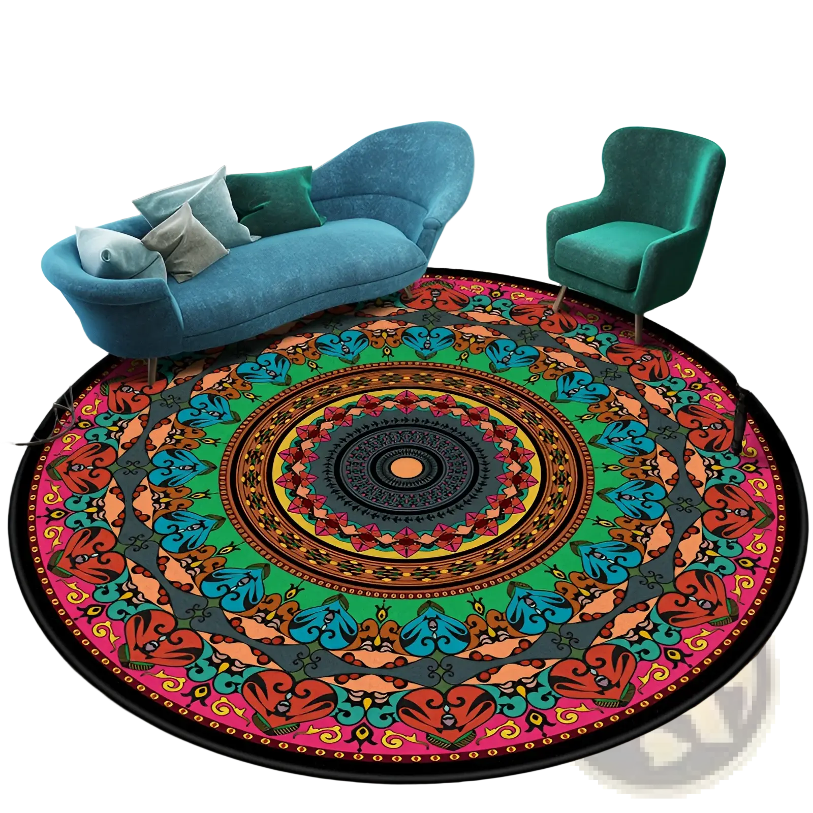 Mandala round rug vibrant geometric polyester carpet with intricate mandala design in pink green teal and orange hues