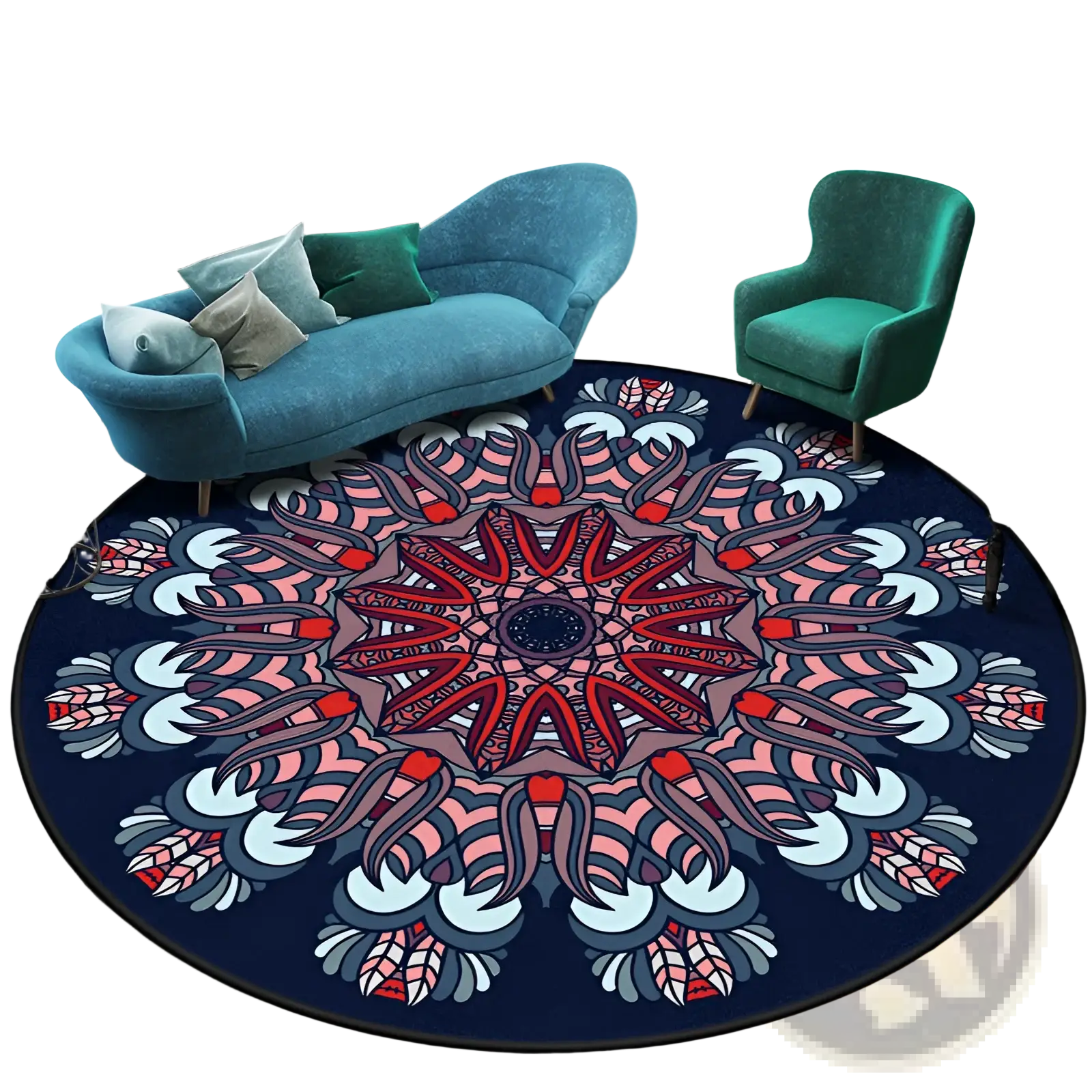 Mandala round rug in navy blue polyester featuring a vibrant geometric mandala design with pink red white and gray patterns