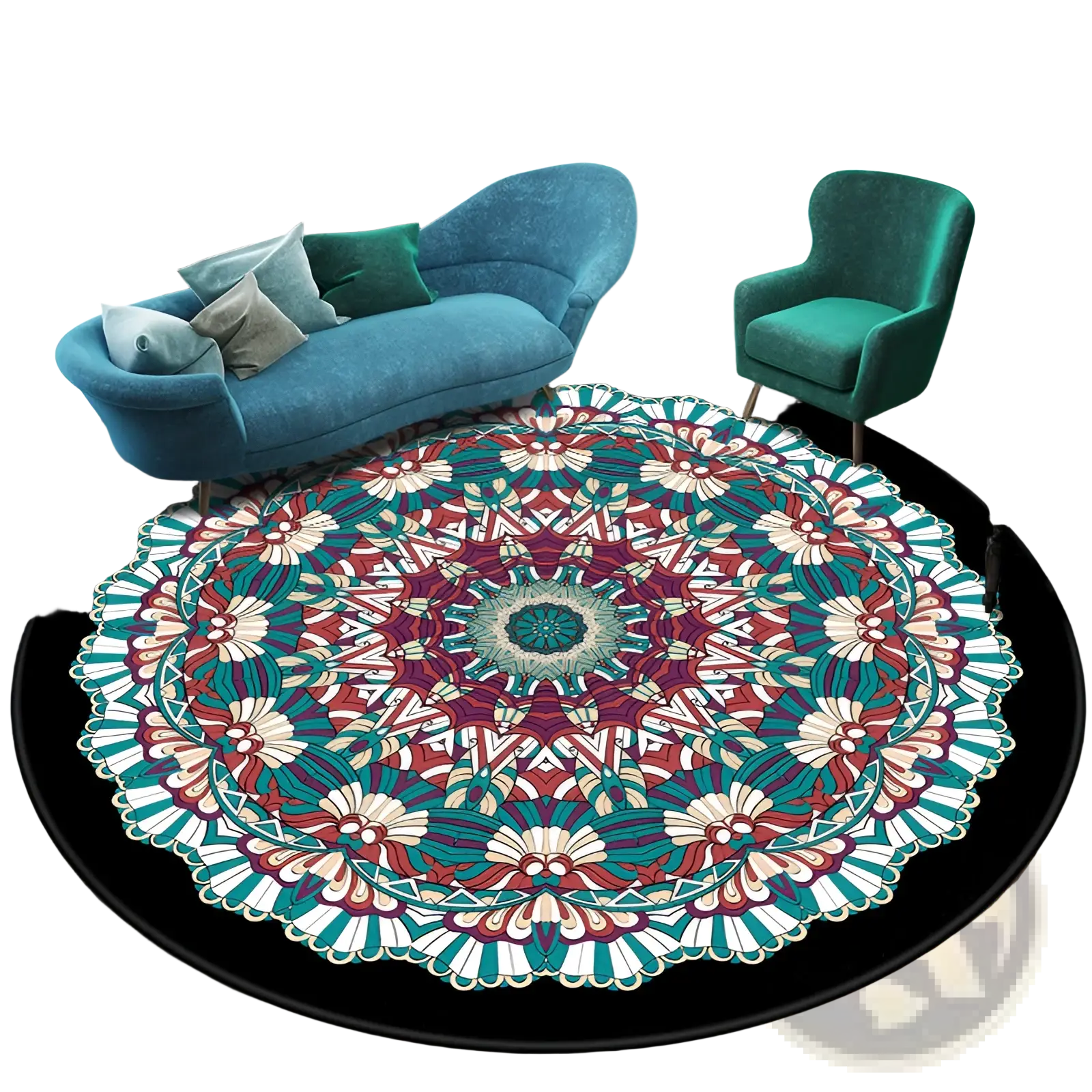 Mandala round rug with intricate teal red cream mandala design on black border made of vibrant polyester fibers