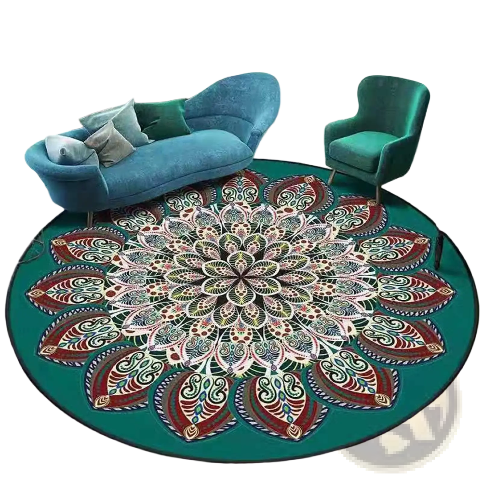 Teal mandala round rug with intricate red white and green geometric patterns made of durable polyester carpet
