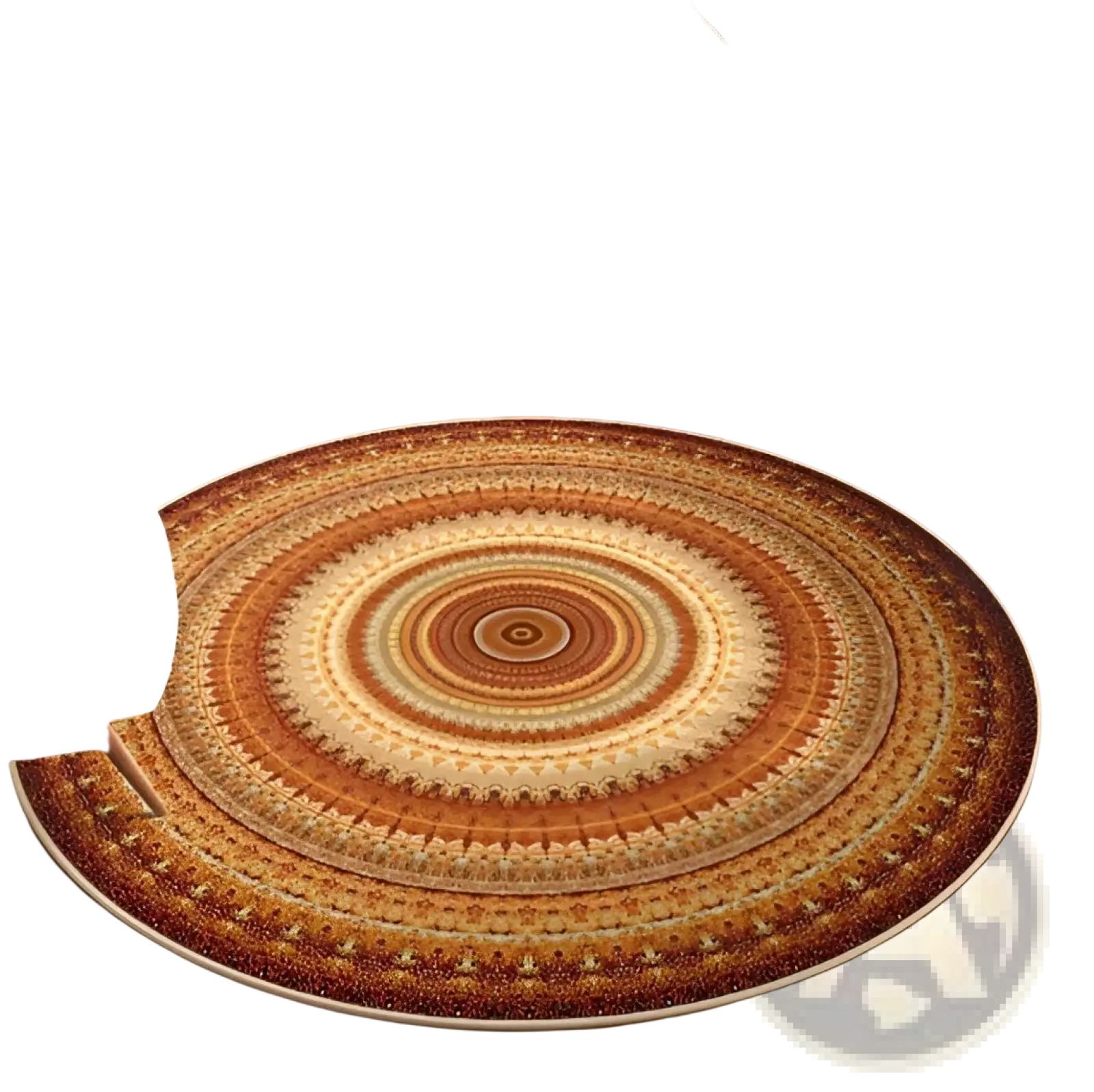 Mandala round rug with vibrant geometric concentric patterns in orange brown and beige polyester carpet
