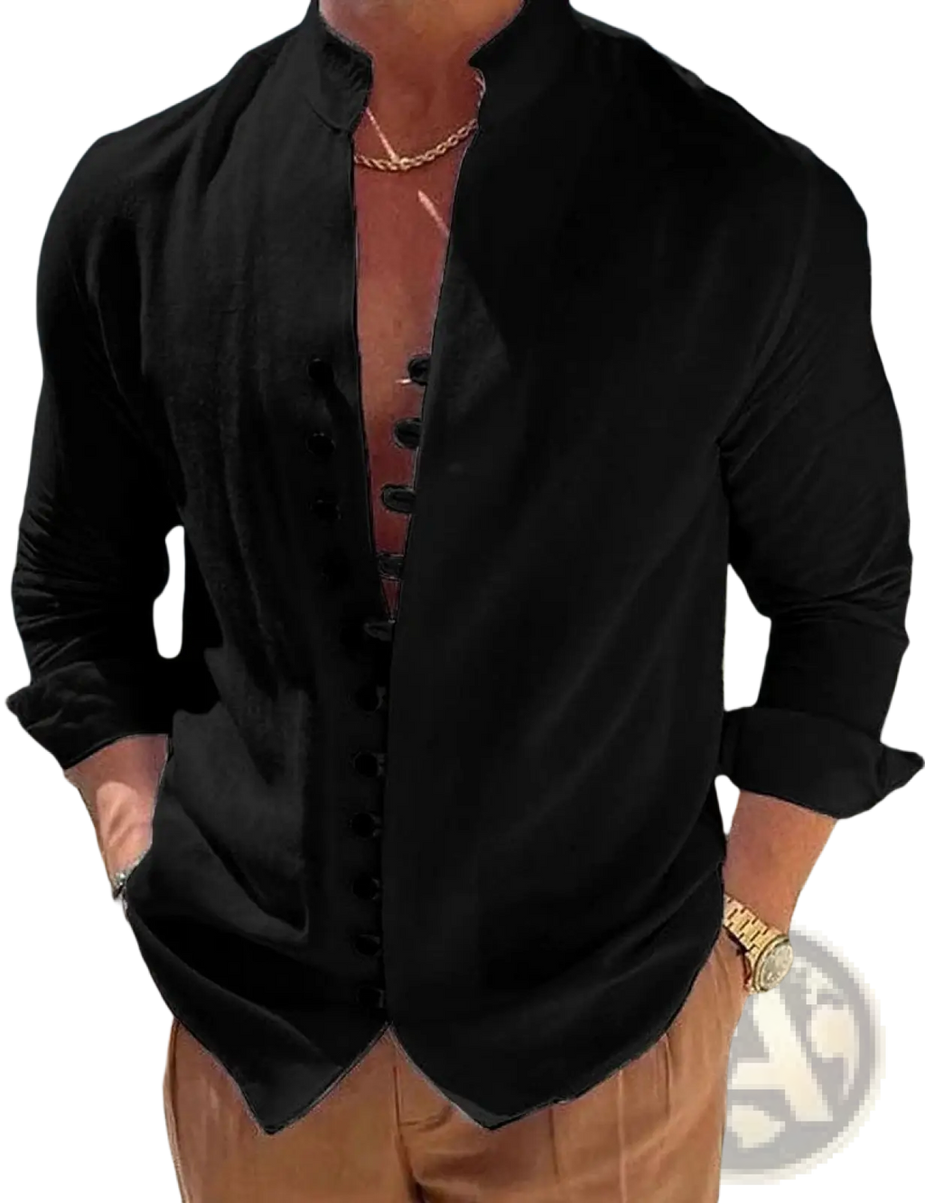 Black mandarin collar long-sleeved linen blend shirt with button-up front and rolled cuffs, wrinkle resistant casual wear