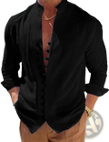 Black mandarin collar long-sleeved linen blend shirt with button-up front and rolled cuffs, wrinkle resistant casual wear