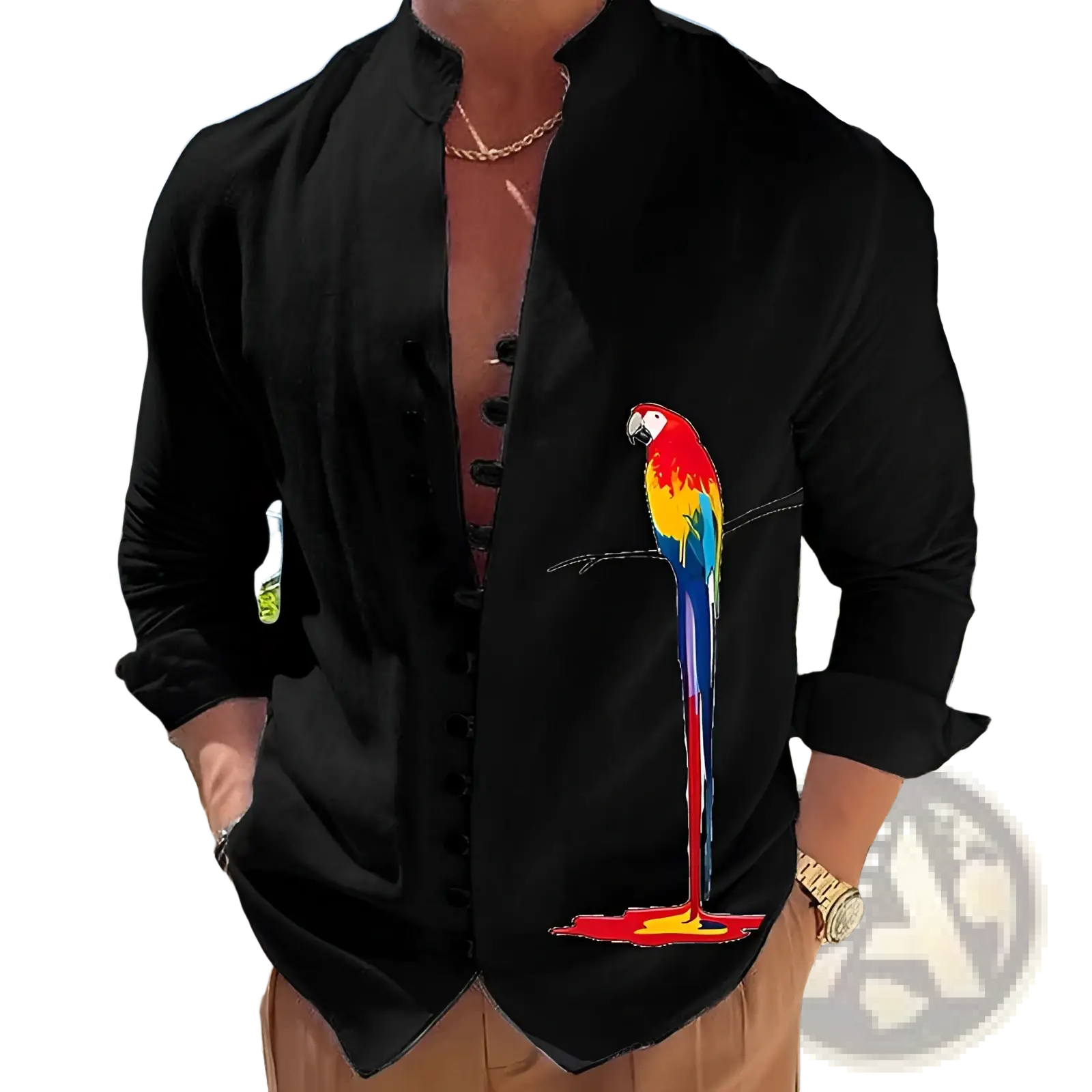 Black button-up mandarin collar linen blend casual shirt with vibrant colorful parrot graphic on the chest