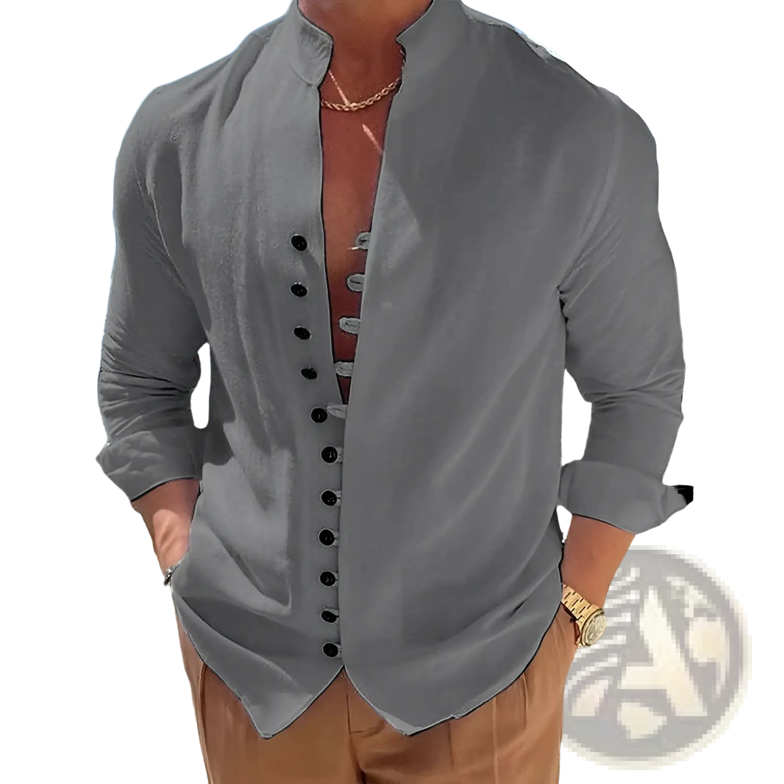 Gray linen blend long-sleeved casual shirt with mandarin collar black buttons and wrinkle resistant fabric
