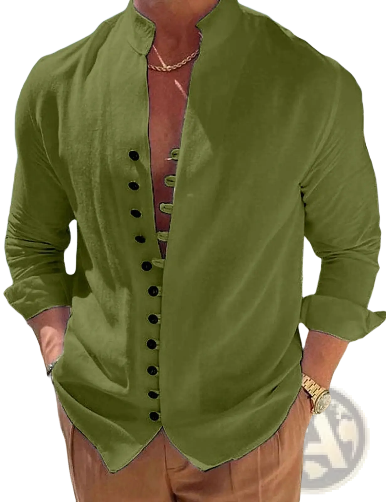 Olive green linen blend casual shirt with mandarin collar black buttons and wrinkle resistant fabric