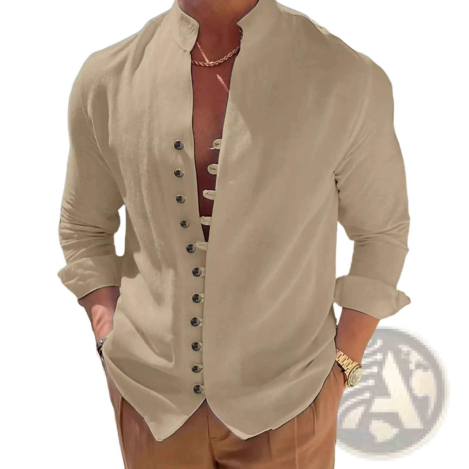 Beige long-sleeved linen blend casual shirt with mandarin collar and dark buttons wrinkle resistant design