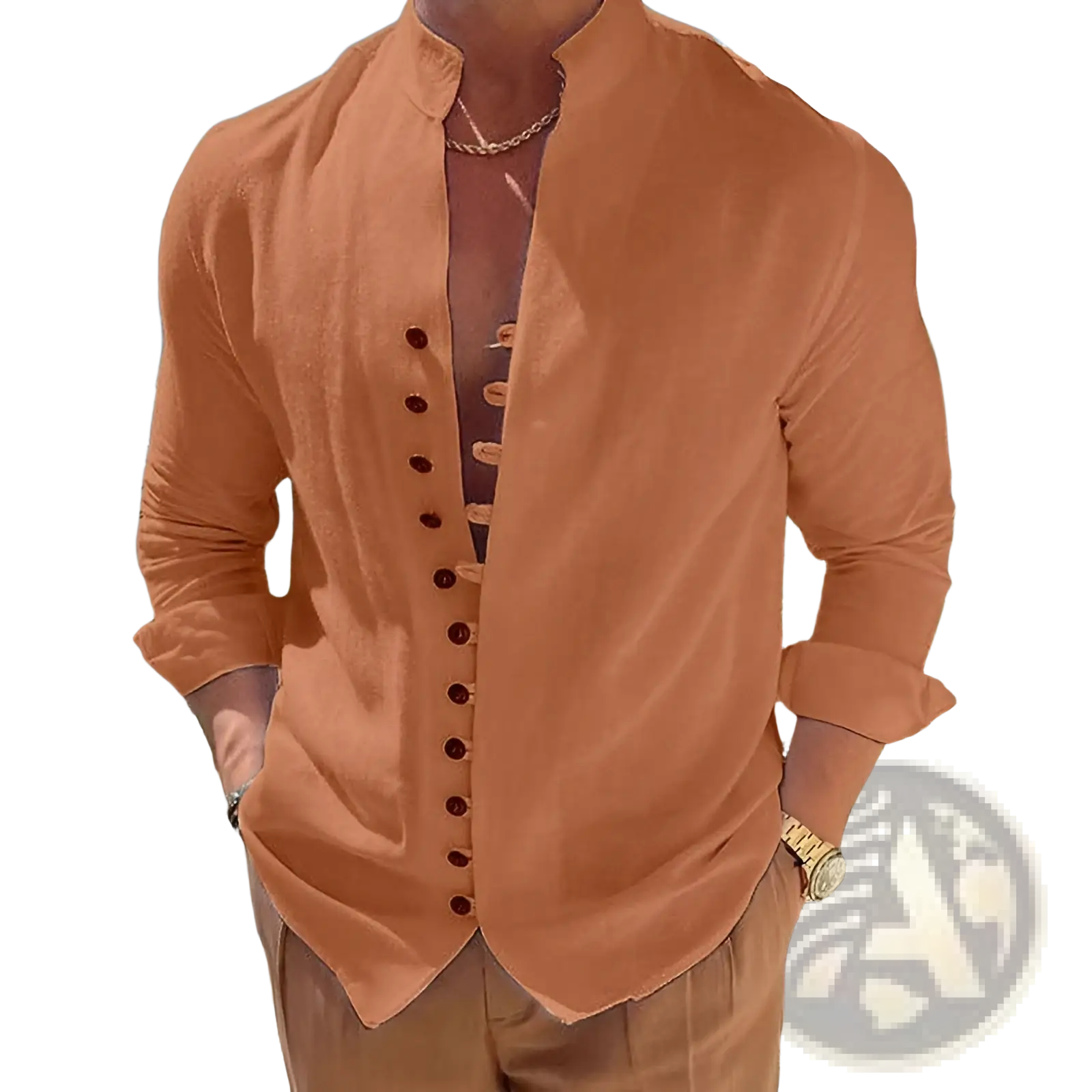 A men’s orange linen blend casual shirt with mandarin collar and dark brown buttons wrinkle resistant