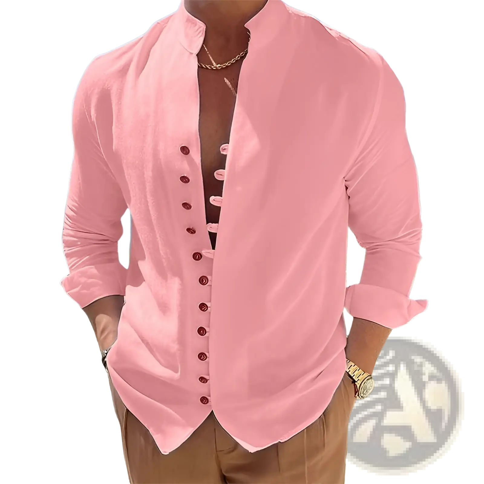A soft pink mandarin collar linen blend wrinkle resistant casual shirt with long sleeves and dark red buttons