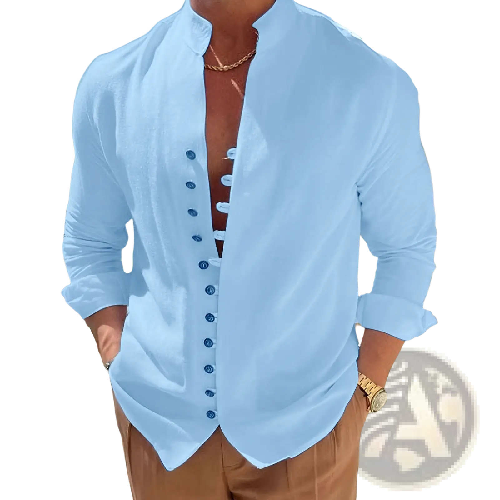 Light blue mandarin collar linen blend wrinkle resistant casual shirt with long sleeves and dark blue buttons