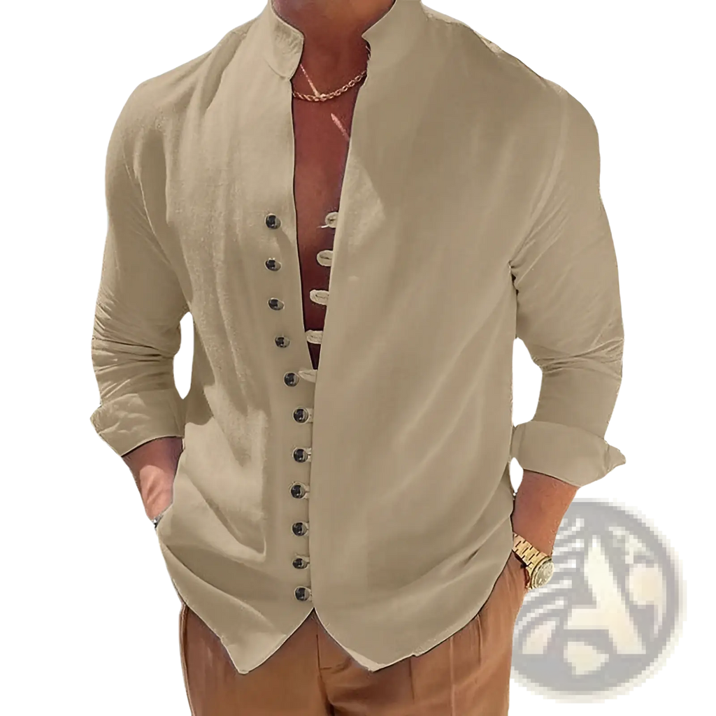 Beige mandarin collar linen blend wrinkle resistant casual shirt with long sleeves and dark buttons