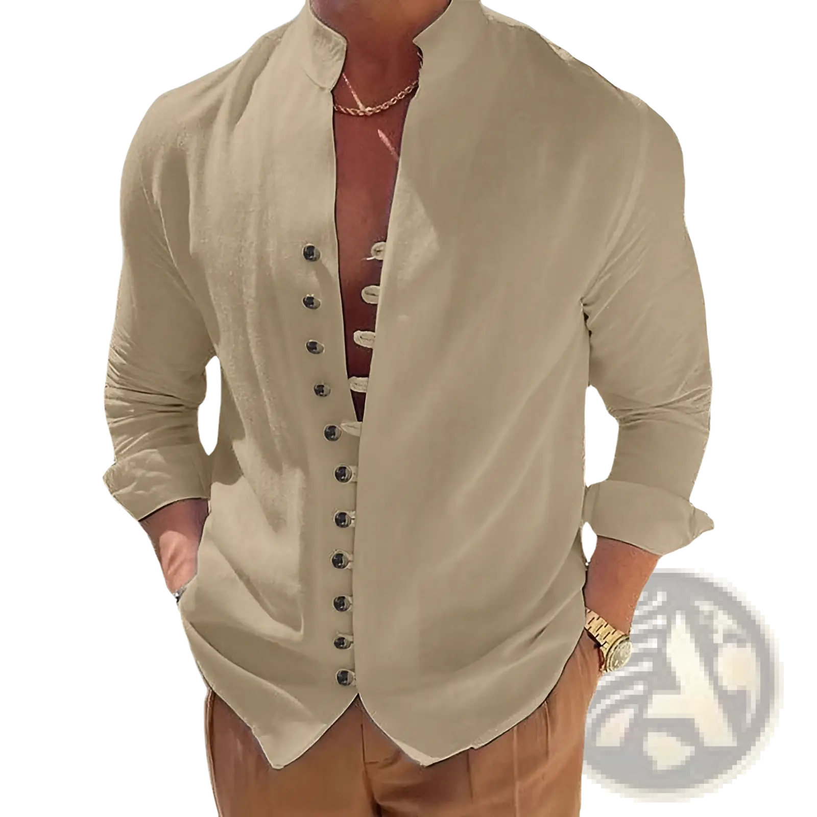 Beige mandarin collar linen blend wrinkle resistant casual shirt with long sleeves and dark buttons