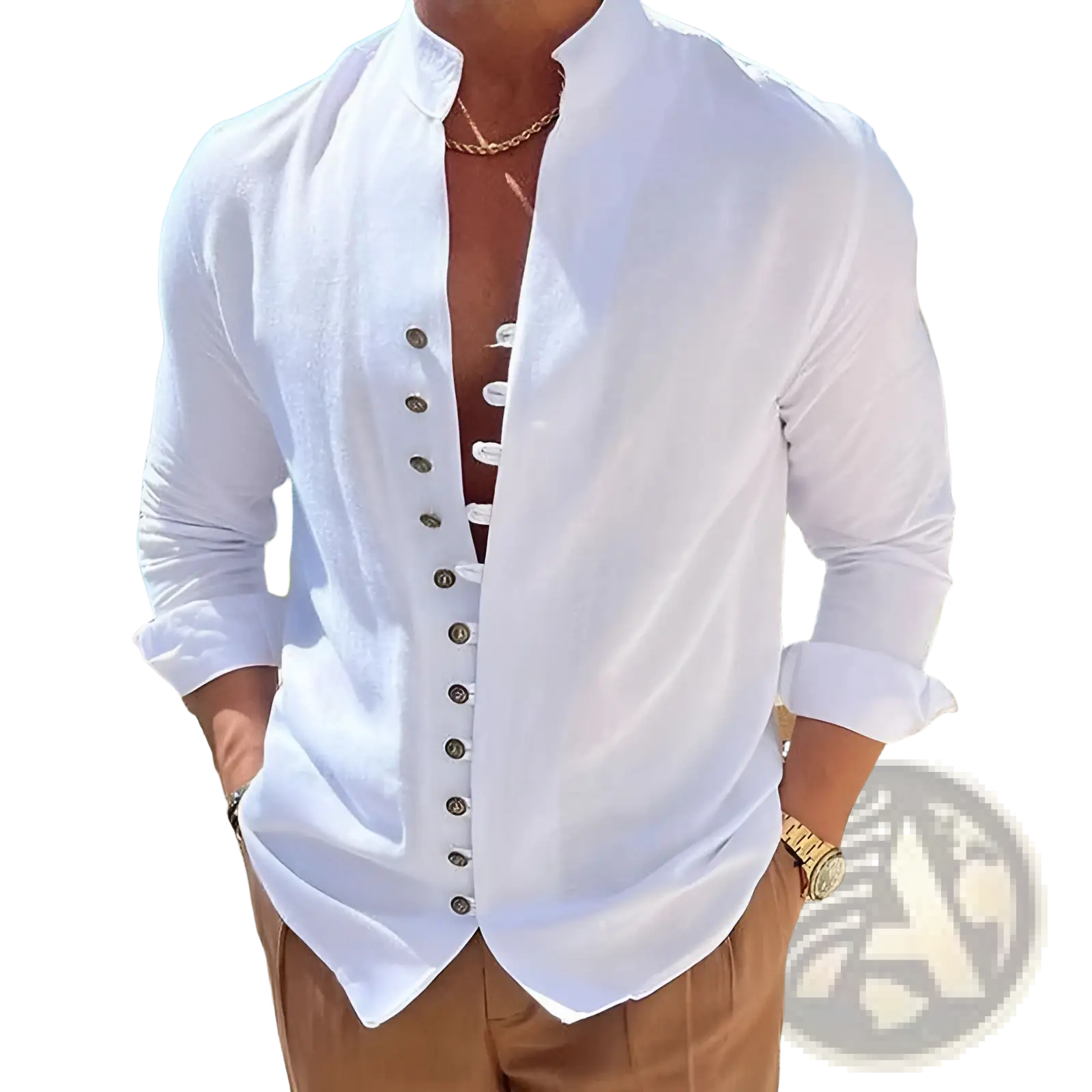 White linen blend button-down shirt with mandarin collar and dark buttons wrinkle resistant for casual wear