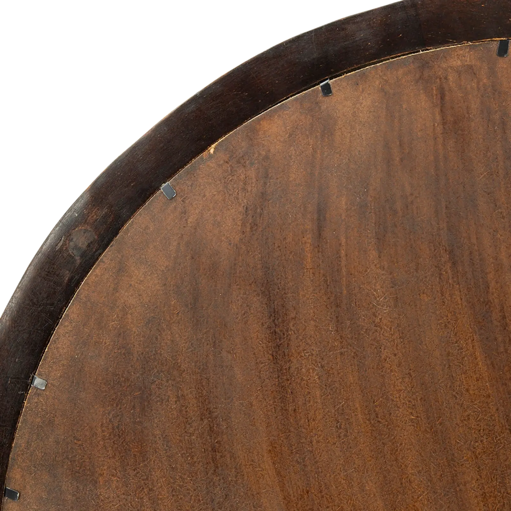 Dark brown wooden circular back of mango wood round wall mirror 20 inch with visible grain and metal brackets
