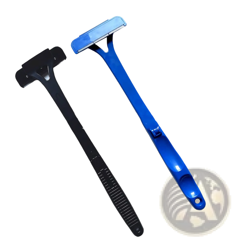 Blue and black plastic manual back shaver and body hair scraper with stainless steel blades and five blade heads