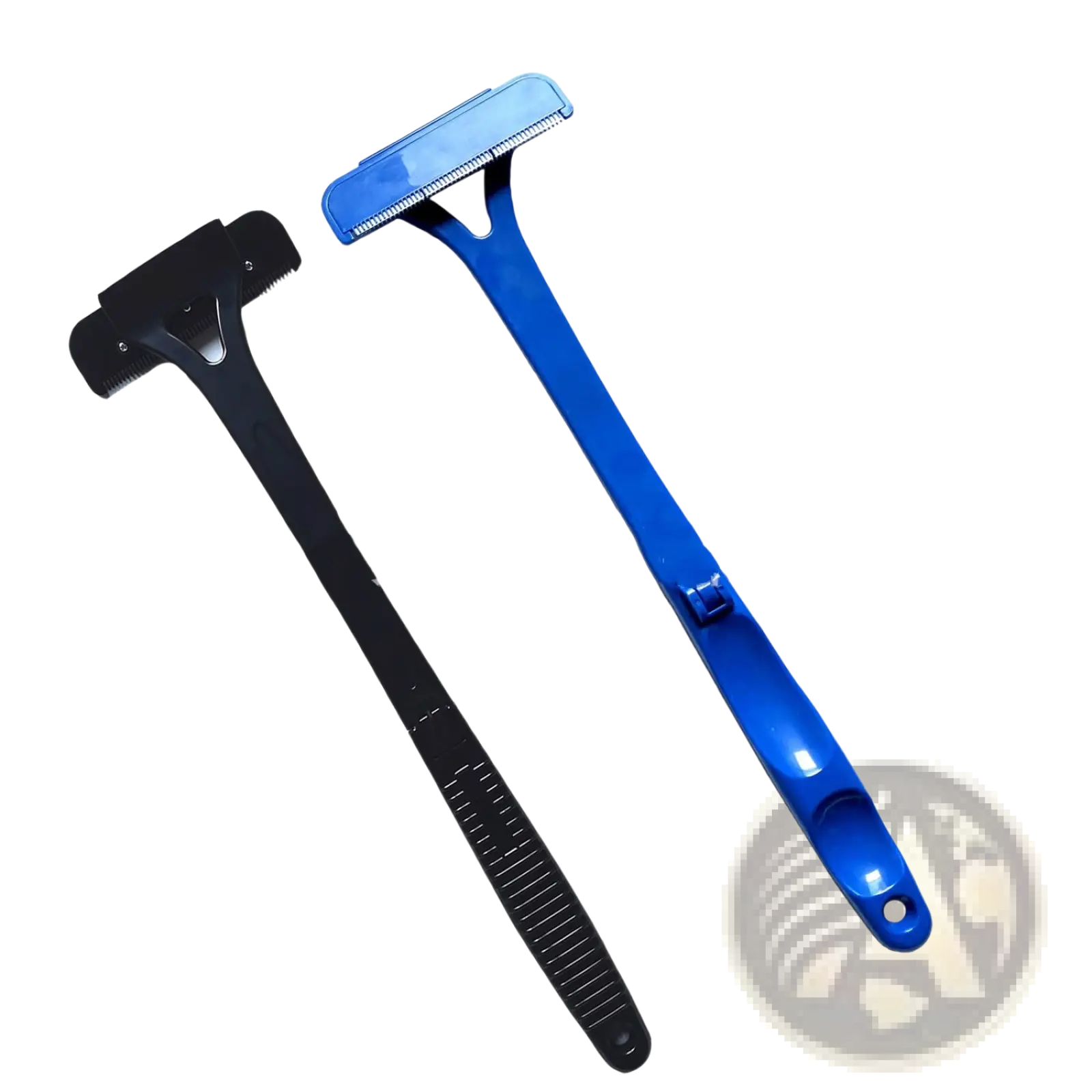 Blue and black plastic manual back shaver and body hair scraper with stainless steel blades and five blade heads