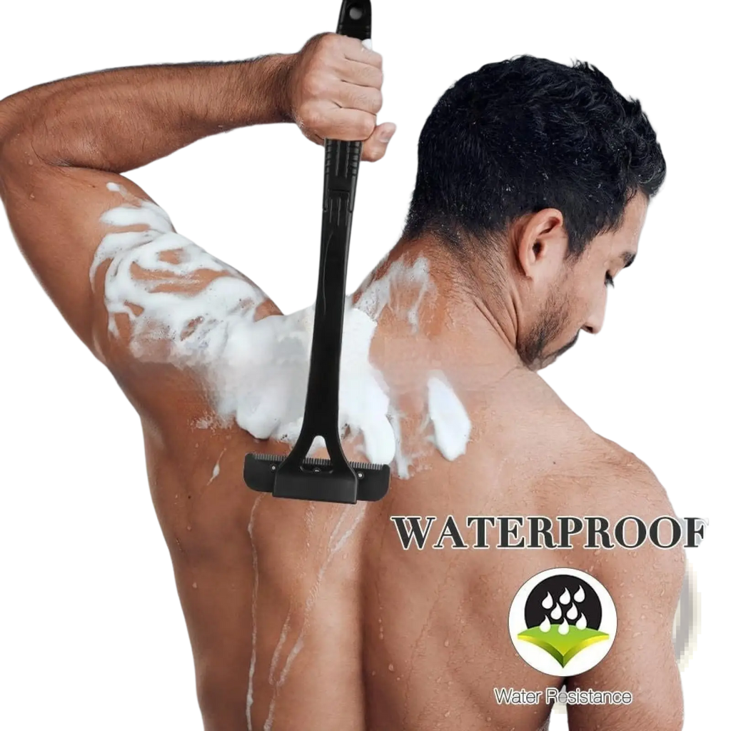 Black waterproof manual back shaver with long handle and dense bristles for body hair removal and scraping