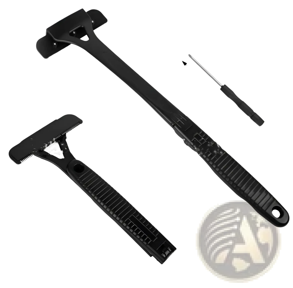 Black plastic manual back shaver with textured grip handle and adjustable head for body hair grooming with 5 blades