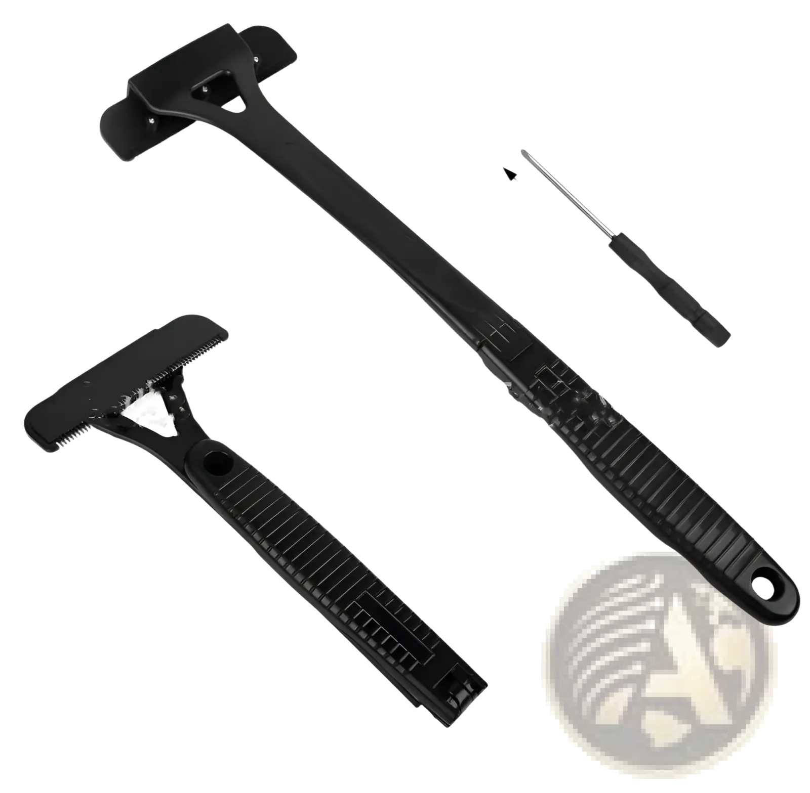 Black plastic manual back shaver with textured grip handle and adjustable head for body hair grooming with 5 blades