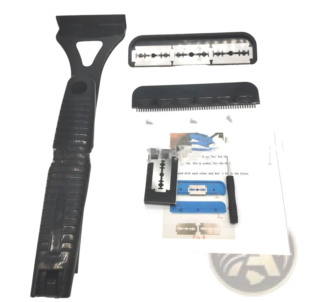 Black plastic manual back shaver with textured grip and integrated blade holder for body hair removal