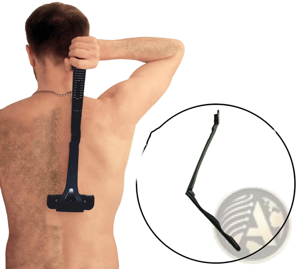 Black plastic manual back shaver and body hair scraper with long flexible handle and wide flat head showing back side