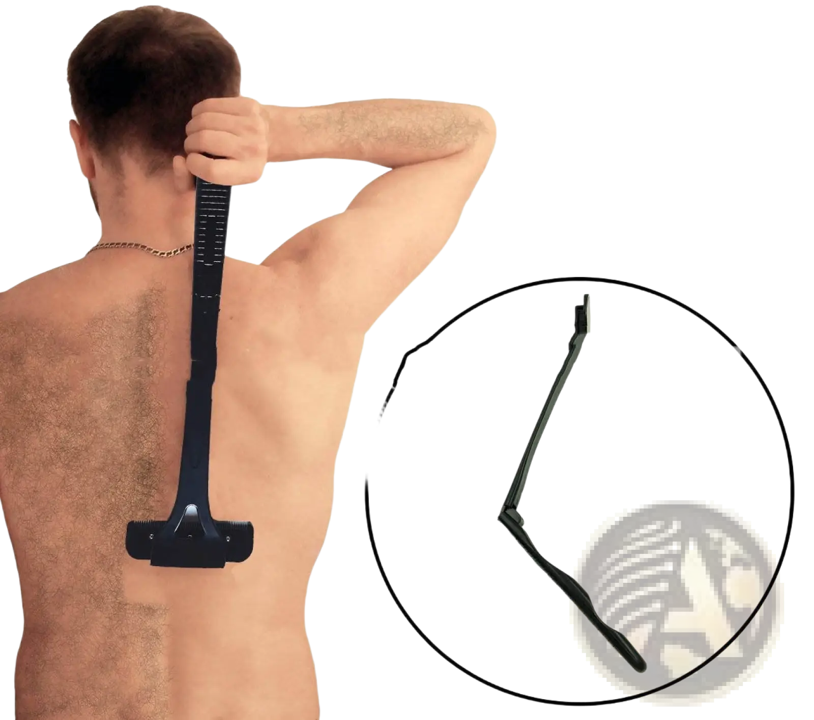 Black plastic manual back shaver and body hair scraper with long flexible handle and wide flat head showing back side