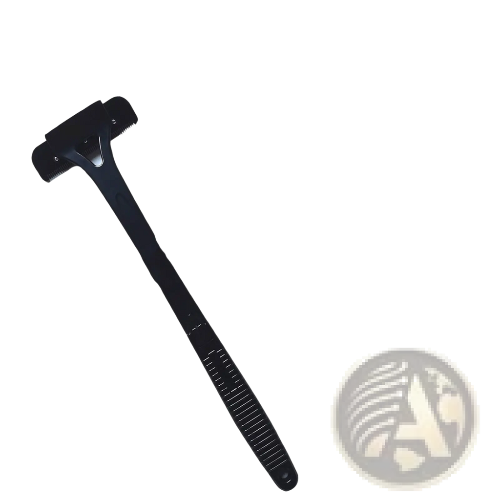 Black plastic manual back shaver with textured grip handle and integrated comb for body hair removal with five blades