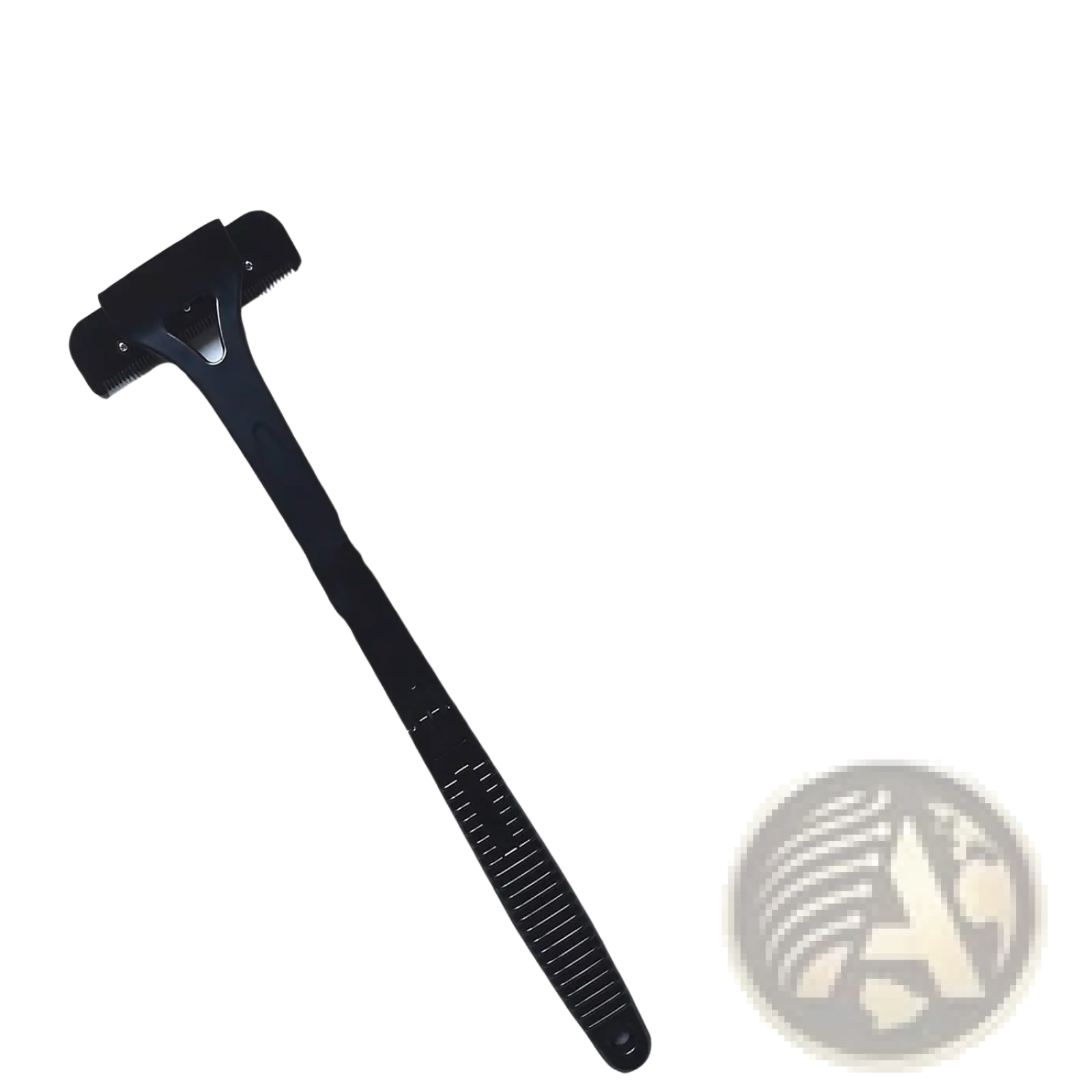 Black plastic manual back shaver with textured grip handle and integrated comb for body hair removal with five blades