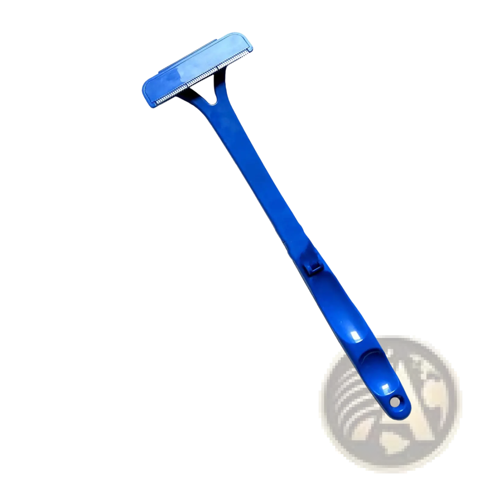 Blue plastic manual back shaver with sleek ergonomic handle and single-blade head for precise body hair scraping