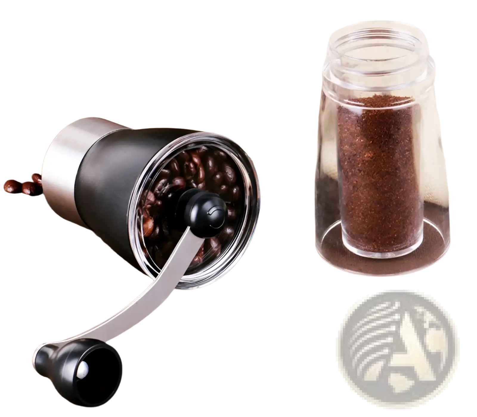 Black and silver manual coffee grinder with glass base 6x17cm and a clear glass container beside it for fresh grinding