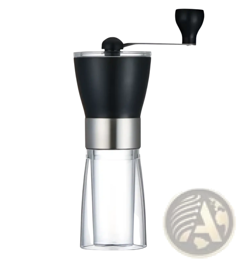 Manual coffee grinder with glass base 6x17cm black and silver metal grinder with clear glass container for coffee beans