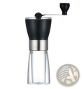 Manual coffee grinder with glass base 6x17cm black and silver metal grinder with clear glass container for coffee beans