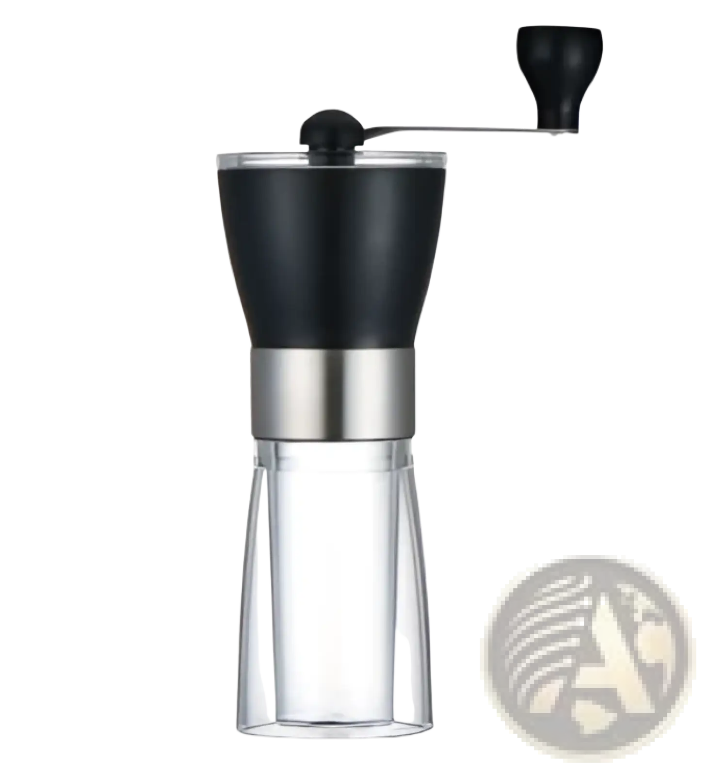 Manual coffee grinder with glass base 6x17cm black and silver metal grinder with clear glass container for coffee beans