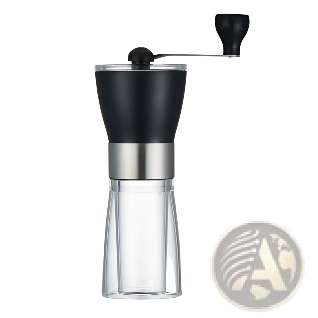 Black and stainless steel manual coffee grinder with clear glass base for precise and stylish coffee grinding