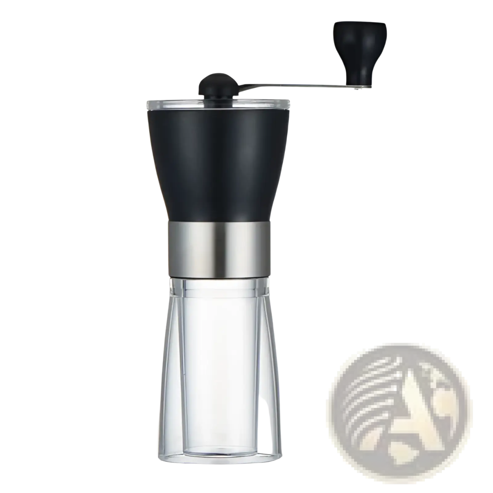 Black and stainless steel manual coffee grinder with clear glass base for precise and stylish coffee grinding