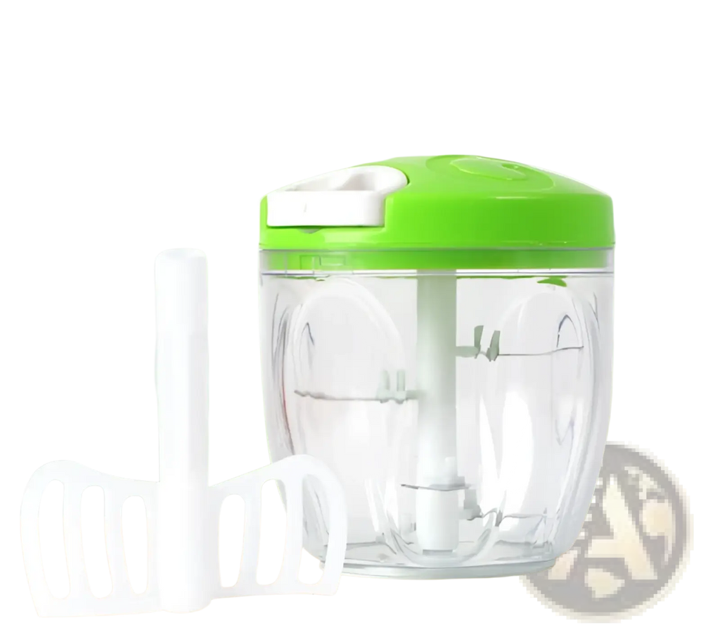 Manual food chopper 900ml with green clear plastic body white handle and blade attachment for vegetable and meat grinding